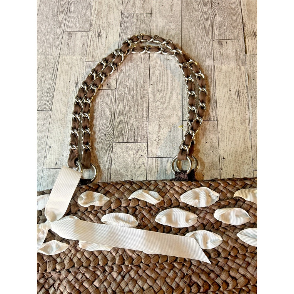 Raffia Bucket Tote Bag Boho Beach Vacation Travel Straw Shell Bow Medium - Picture 7 of 16